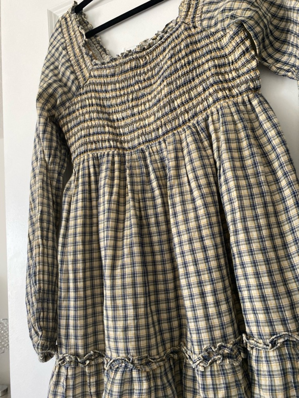 Plaid Smocked Long-Sleeve Dress - Cream & Blue - Picture 3 of 3